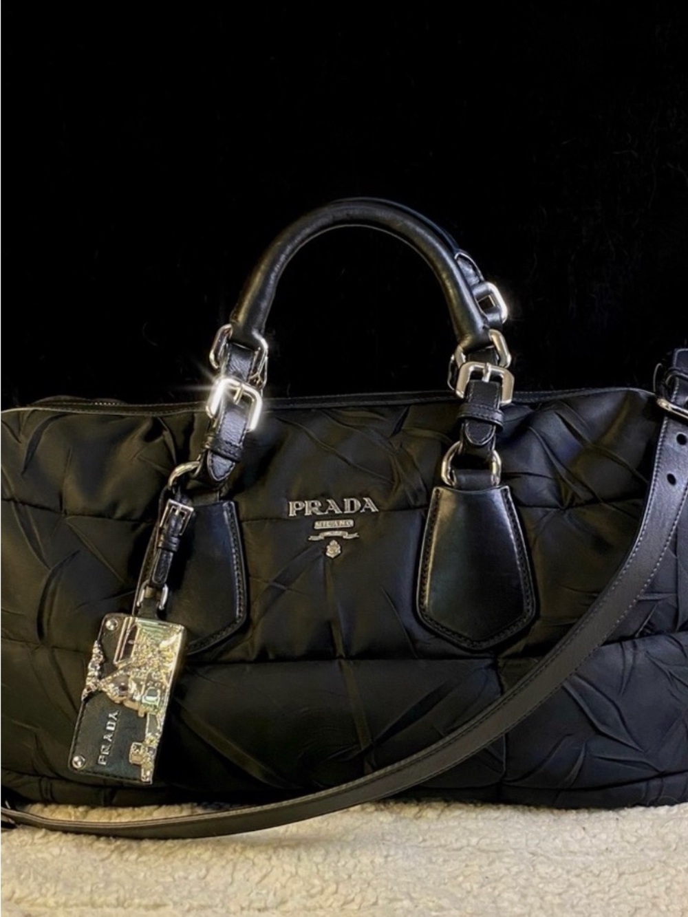 Prada Black Quilted Shoulder Bag with Silver Hardware
